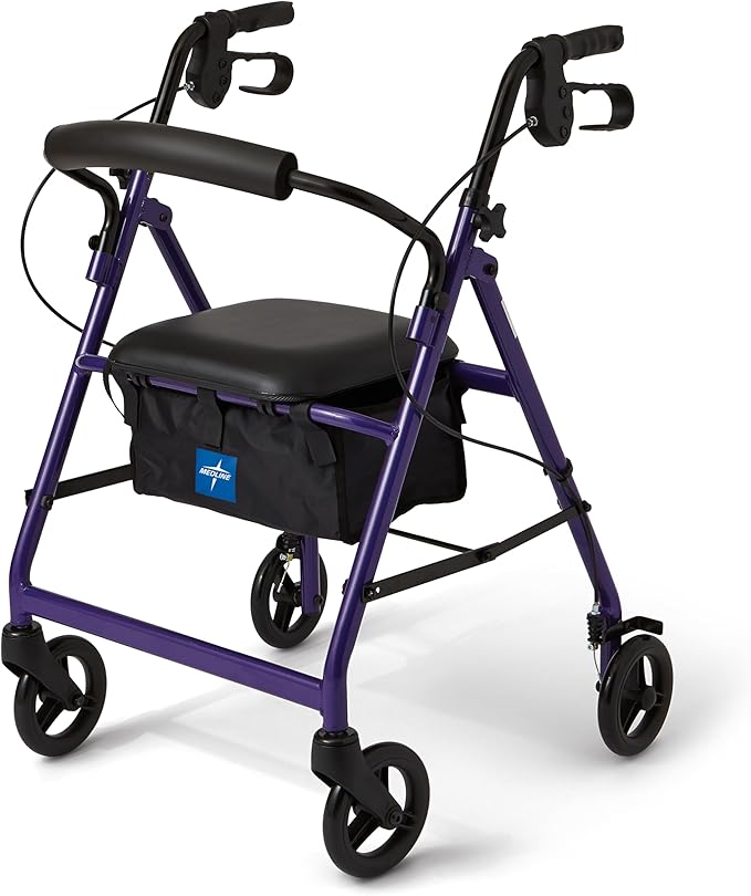 Medline Aluminum Rollator Walker with Seat, Purple, 250 lb. Weight Capacity, Lightweight, 6” Wheels, Foldable, Adjustable Handles, Rolling Walker for Seniors