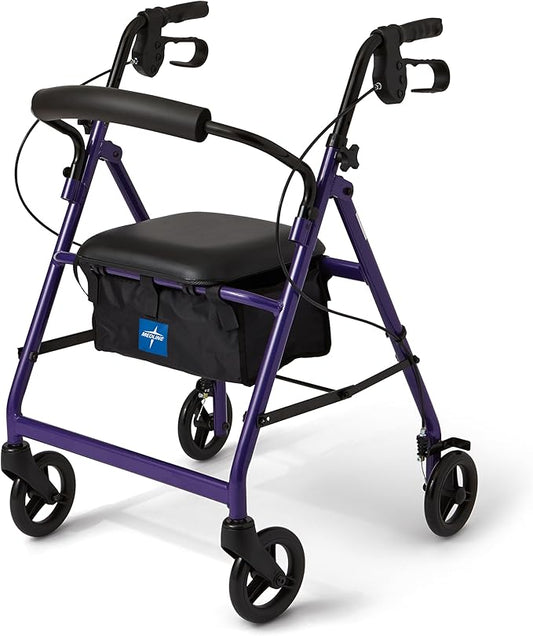 Medline Aluminum Rollator Walker with Seat, Purple, 250 lb. Weight Capacity, Lightweight, 6” Wheels, Foldable, Adjustable Handles, Rolling Walker for Seniors