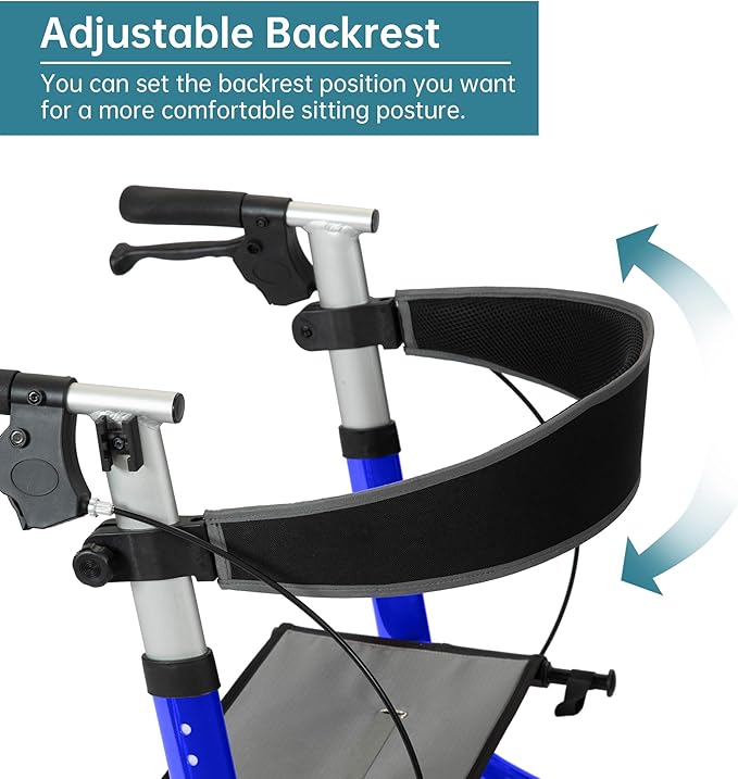 ELENKER All-Terrain Rollator Walker with Seat, Outdoor Rolling Walker, 12” Non-Pneumatic Tire Front Wheels, Compact Folding Design for Seniors, Blue