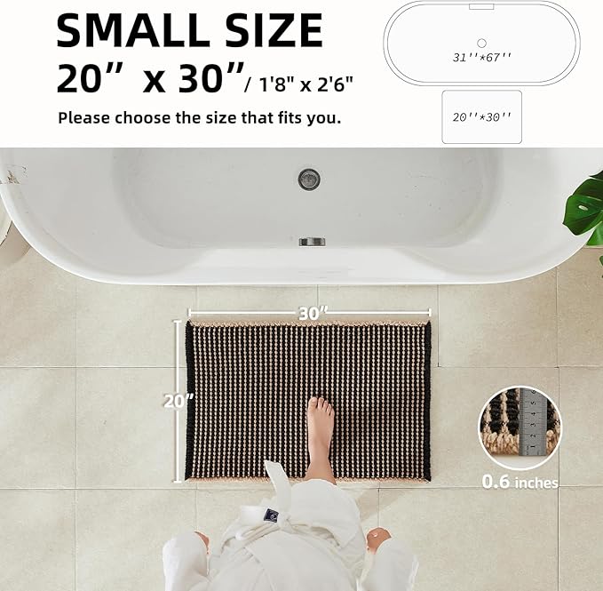 Waffle Bath Mat, Boho Bathroom Rugs Non Slip Washable Super Absorbent Quick Dry Bath Mat Farmhouse Bathroom Decor, 30"x20" Khaki and Black