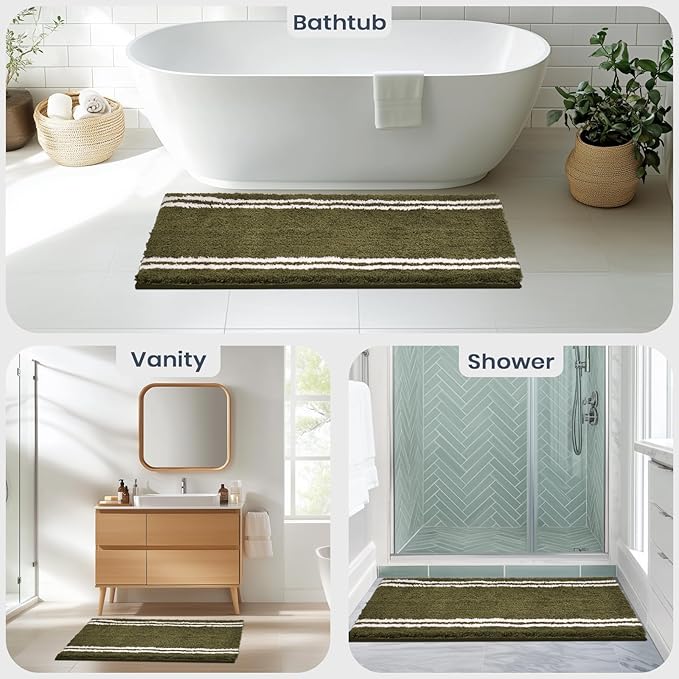 PURRUGS Bathroom Rug Non-Slip Machine Washable 30" x 46", Super Absorbent and Quick Dry Shaggy Microfiber Bath Mat, Extra Soft and Plush Bath Rug for Bathtub, Shower and Sink, Olive Green