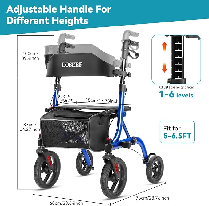 Rollator Walkers for Seniors, 10" Big Rubber Wheels All Terrain Rollator Walker with Adjustable Backrest and Handles, 350 Lbs, Cup Cane Holder, Foldable Lightweight Walker with Seat for Seniors Blue