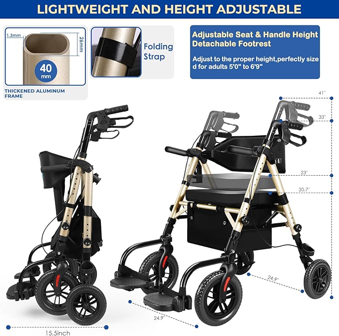 Foldable Rollator Walker for Seniors with Seat, Lightweight 2 In 1 Rolling Walkers Wheelchair Combo for Adult, Transport Chair with Brakes, Adjustable Seat & Handle, 300 Lb. Weight Capacity, Champagne