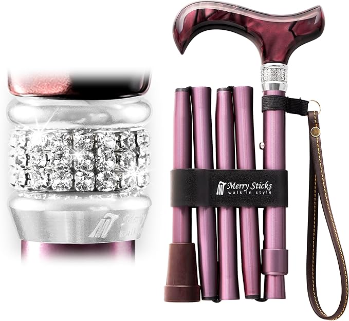 Merry Sticks Designer Foldable Walking Canes with Finest European Crystals, Folding Cane for Women and Men, Adjustable & Collapsible Walking Stick for Senior, Stylish Rhinestone Gift - Royal Burgundy