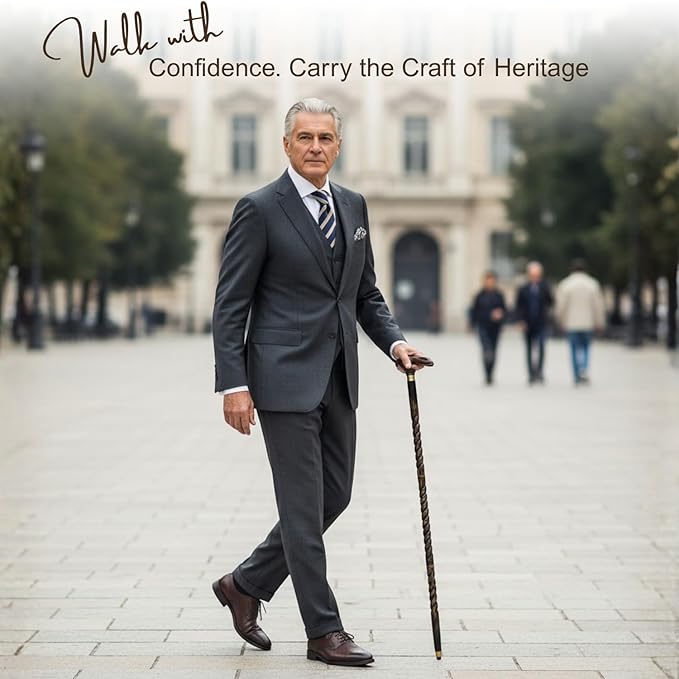 All Black Snake Handle Spiral Wooden Walking Cane