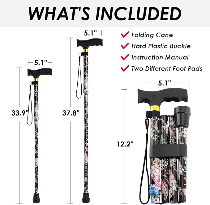 Walking Cane PANZHENG Cane for Man/Woman | Mobility & Daily Living Aids | 5-Level Height Adjustable Walking Stick | Comfortable Plastic T-Handle Portable Walking Stick Folding Cane