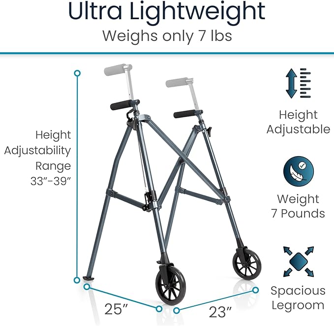 Vive Lightweight Folding Walker for Seniors - Narrow Foldable Rolling Walker for Small Spaces- Compact & Collapsible for Travel - with Wheels, Mobility Support, Portable- Weighs Only 7 Pounds