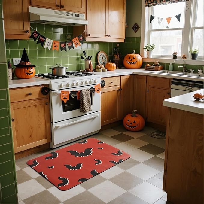 Halloween Bath Mat, Thin Halloween Bathroom Rug Non Slip Quick Dry Bat Bath Mat Fits Under Door Thin Floor Mat Halloween Decor, 17''x30'', Gothic Bats Orange