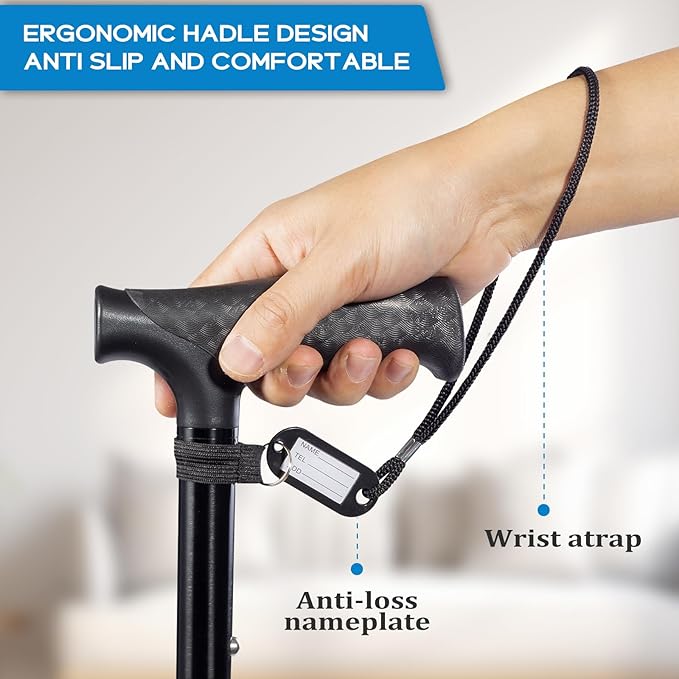 Folding Walking Quad Cane for Men and Women,Ultra Lightweight Sturdy Height Adjustable Nonslip Rubber Tips Free Standing Cane,Collapsible Walking Sticks for Seniors & Adults [Black]