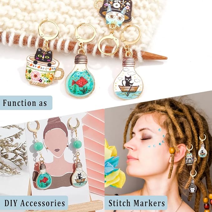 NBEADS 12 Pcs Cup Cat Stitch Markers, 6 Colors Alloy Enamel Cat Crochet Stitch Marker Charms Removable Locking Stitch Marker for Knitting Weaving Sewing Accessories Quilting Handmade Jewelry