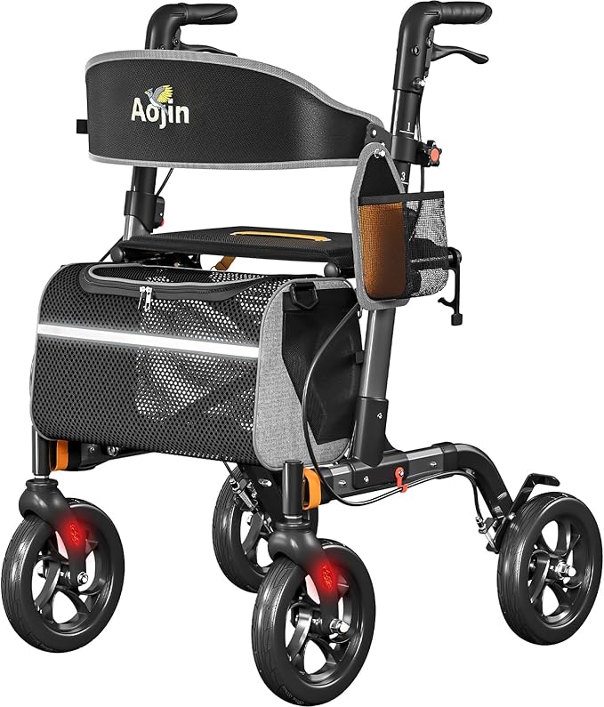 Walkers for Seniors, Rollator Walker with Seat, 350 lb Weight Capacity, 18" Big Seat, 8" All-Terrain Wheels, 6-Level Adjustable Height, Lightweight Aluminum Frame Rollator Walkers for Seniors (Gray)