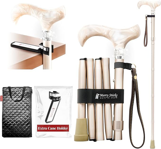[Combo] Merry Sticks Lightweight Foldable Walking Canes for Women and Men, Adjustable & Collapsible Walking Stick for Seniors, Includes A Cane Bag & A Smart Reflective Cane Holder