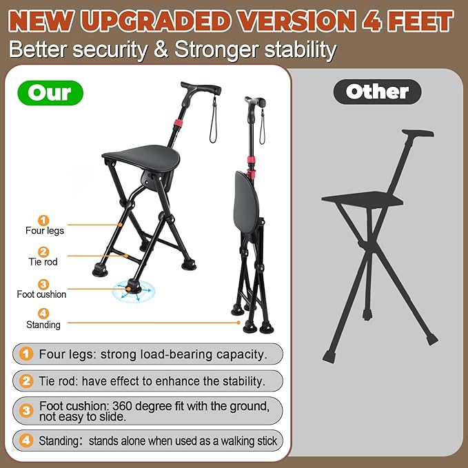 HZZEDNG-Hold 400 lbs Folding Canes with Seat, Allows Durability While Walking and Convenience for Sitting, Aluminum Portable Anti-Slip Cane Seat, Height-Adjustable Walking Cane