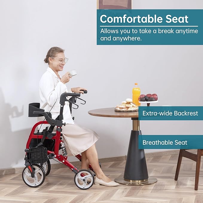 ELENKER 2 in 1 Rollator Walker & Transport Chair for Seniors, Folding Rolling Walker Wheelchair Combo with Wide Seat and Shock Absorber, Red