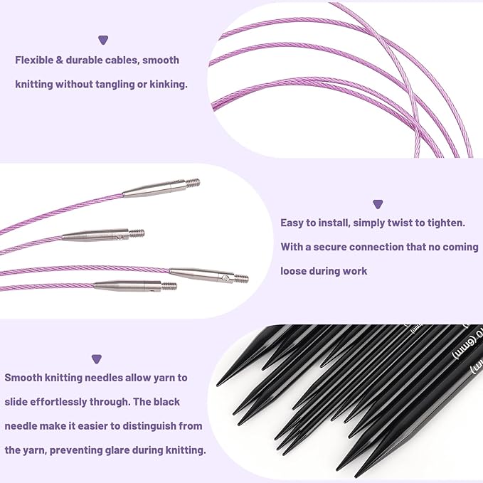 Katech Interchangeable Knitting Needles Set- 9 Pairs Circular Knitting Needles Size 2.5, 4, 5, 6, 7, 8, 9, 10,11, Round Knittings Needle with Cable and Case Accessories for Sweater Sock, Blanket
