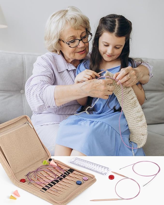 Aeelike Aluminu Interchangeable Knitting Needles Set, Circular Knitting Needles Set with 4 Cable 3 to 6 mm, Interchangeable Needle for Knitting Multiple Combinations, Gold