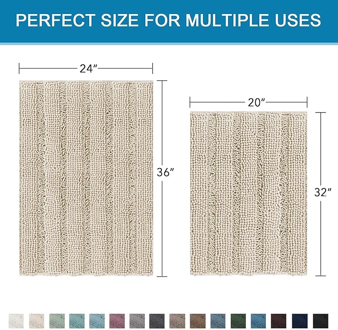 H.VERSAILTEX Bathroom Rug Sets 2 Piece Bath Mats Non Slip Thick Soft Chenille Striped Bath Rug achine Washable Shower Floor Rugs for Tub, Shower and Floor (Fog, 20" x 32"/24" x 36")