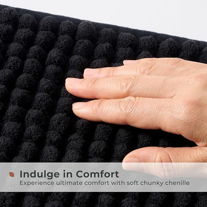 FRESHMINT Thick Chunky Chenille Bathroom Rugs 20"x32", Non Slip Bath Mat for Bathroom Floor, Large Soft Bathroom Decor Accessories, Cute Shower Mat Water Absorbent, Washable, Black