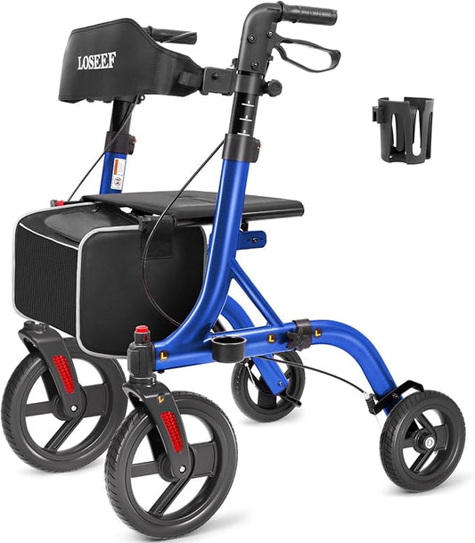 Rollator Walkers for Seniors, 10" Big Rubber Wheels All Terrain Rollator Walker with Adjustable Backrest and Handles, 350 Lbs, Cup Cane Holder, Foldable Lightweight Walker with Seat for Seniors Blue