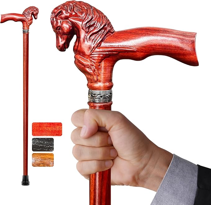 Wood Walking Cane, Elegant Hand-Carved Horse Head Wooden Walking Cane for Men and Women, Handmade Stylish Canes for Seniors, Light Stable High-end Canes Suitable for Gift Giving