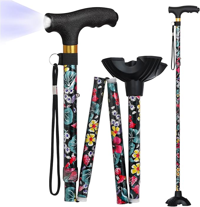 Walking Cane with LED Light, Foldable,Adjustable, Self Standing Walking Canes for Men & Women,Walking Sticks with Quad Base for Seniors & Adults