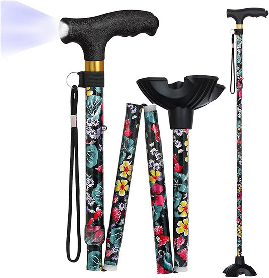 Walking Cane with LED Light, Foldable,Adjustable, Self Standing Walking Canes for Men & Women,Walking Sticks with Quad Base for Seniors & Adults