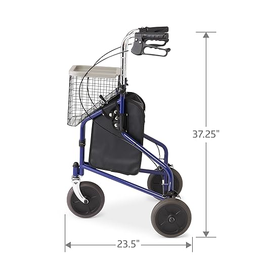 Medline 3-Wheel Ultralight Steel Rollator, Supports up to 275 lbs, 8" wheels, Blue