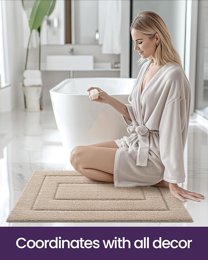 DEXI Bathroom Rug Set 2 Piece 32x20, Non Slip Washable Bath Mat for Shower Floor, Absorbent Soft Bathmat with Rubber Backing, Quick Dry Microfiber Carpet, Beige