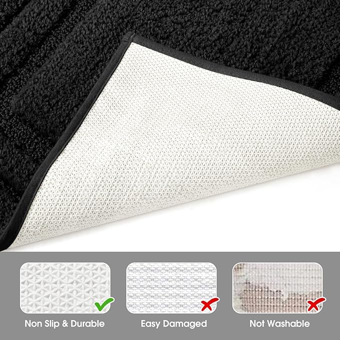HOMEIDEAS Bathroom Rugs Sets 2 Piece, Super Soft and Absorbent Non Slip Microfiber Machine Washable Bath Mat Set (20" x 32" + 16" x 24", Black)