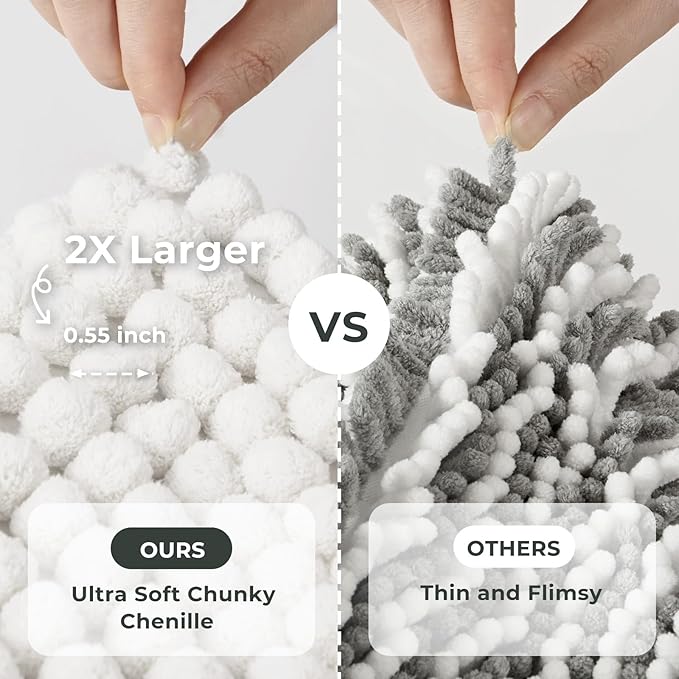 FRESHMINT Thick Chunky Chenille Bathroom Rug, 24"x36", Non Slip Bath Mat, Soft Bathroom Decor, Cute Shower Mat, Water Absorbent, Washable, Bright White