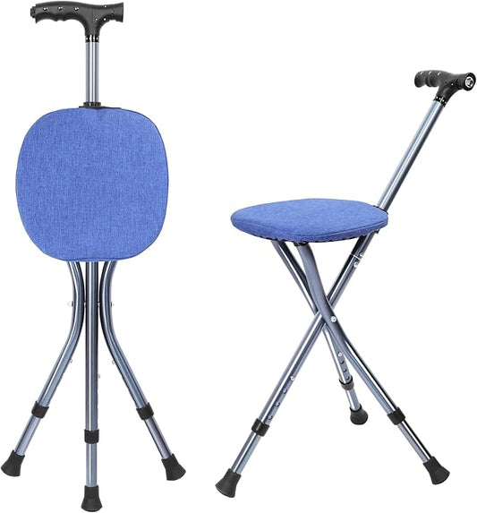 Portable Adjustable Folding Walking Cane with Seat and Cushion，Cane seat for Seniors with Magnetic Massage Handle, Lightweight Walking Cane with LED Light，Supports up to 330 Pounds