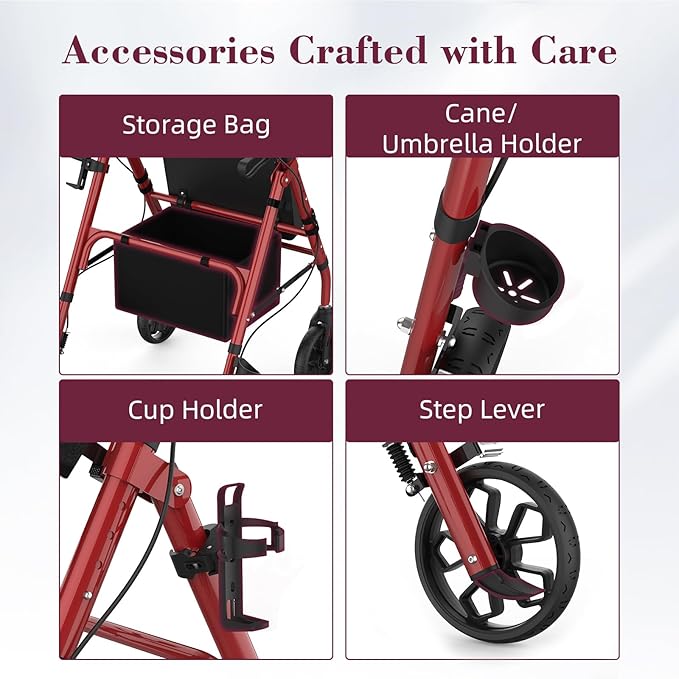 Walkers for Seniors, Foldable Rollator Walker with Seat, 8" Big Wheels, Lightweight Rollator Walker with Ergonomic Backrest, Adjustable Handles and Seat Height, 310 Lbs Weight Capacity, Red