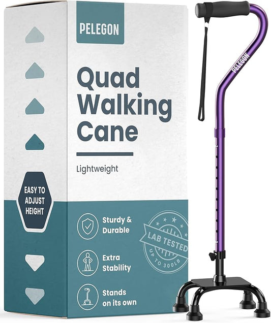 PELEGON Quad Cane (300 lb) - Adjustable Walking Cane with A Large 4 Pronged Base for Extra Balance & Stability, Walking Canes for Seniors, Walking Cane for Men & Women, Walking Sticks