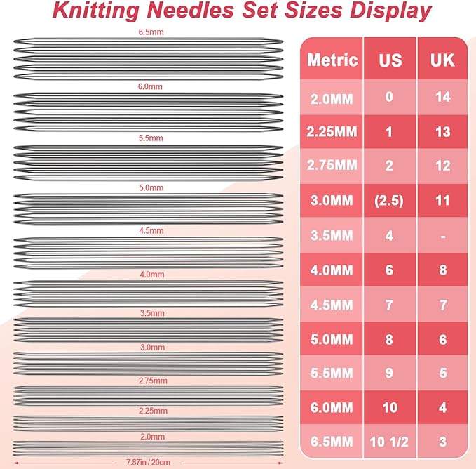 Coopay 55pcs Double Pointed Knitting Needles Set, 2.0mm-6.5mm, Sock Knitting Needles, 20cm Metal DPN Shorties Knitting Needle for Socks Gloves Hats, Double Pointed Needles with Knitting Needle Gauge