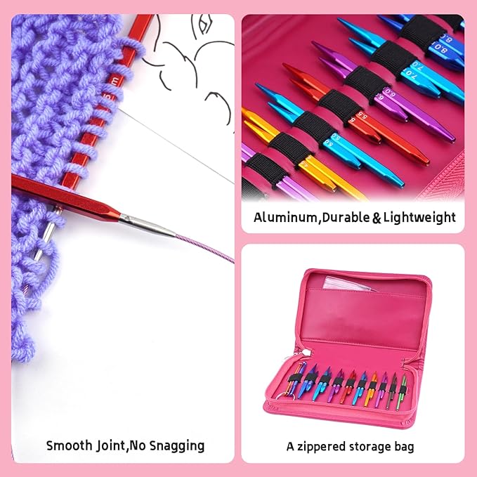 Hobekoee 2-Inch＆3-Inch Interchangeable Knitting Needles Set 9 Pairs Square Ergonomic Circular Knitting Needles with 4 Cables,Short Aluminum Needles Kit 3.5mm-8.0mm