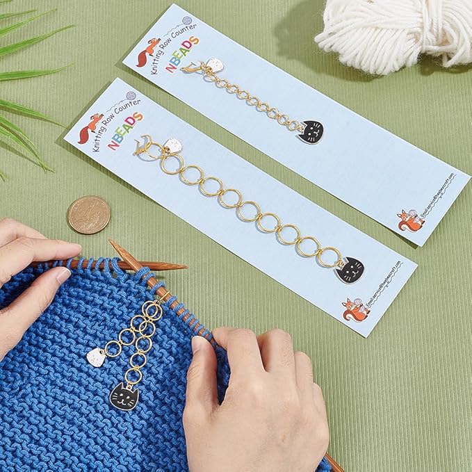 NBEADS 3 Pcs 3 Sizes Cat Charm Knitting Row Counter Chains, Alloy Enamel Charm Row Counter Chains with Brass Ring for Knitting Crochet Tracking Project Progress
