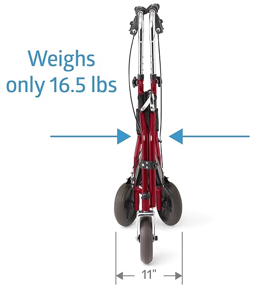 Medline 3-Wheel Ultralight Rollator, Steel Frame, Includes Wire Basket and Storage Bag, Supports up to 275 lbs, 8" Wheels, Burgundy