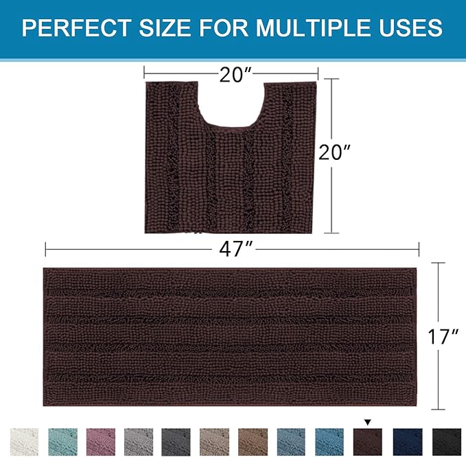 H.VERSAILTEX Bathroom Rugs Bath Rug Set 2 Piece Bathroom Contour Rug Toilet Mat Sets Non Slip Contour Bath Rug Ultra Thick Water Absorbent Striped Bath Mats(47" x 17" Plus 20" x 20" U, Chocolate)