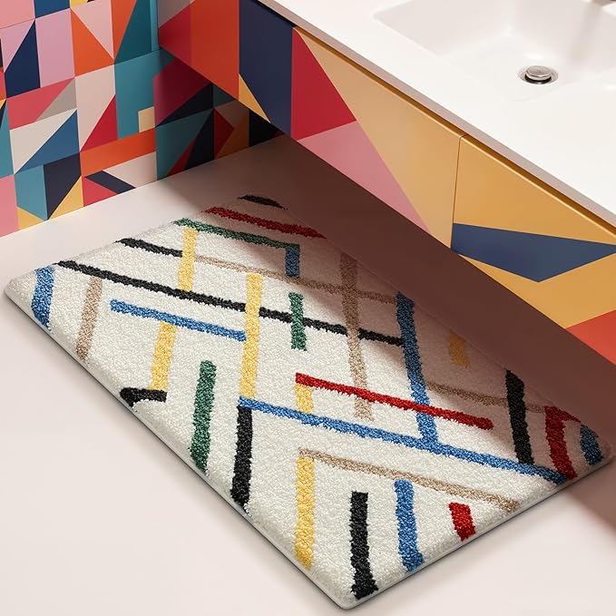 LUMI Bathroom Rugs with Colorful Line, Soft Absorbent Bath Mat for Modern Home Decor, Non-Slip Quick-Dry Bath Rug, Machine Washable Floor Mat for Shower and Tub, Entryway, 24"x36", Colored Line