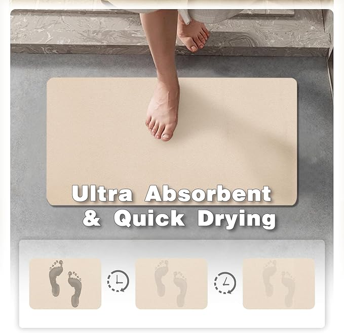 Bathroom Mat Quick Dry, Bathroom Rugs Non Slip Washable Thin Absorbent Bath Mat Fits Under Door Bathroom Floor Mat Perfect for Bath, Shower, or Sink 17"x59" Beige