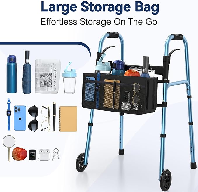 Walkers for Seniors with Basket and Glide Skis, 5" Wheels Lightweight Folding Walker, Support Up to 350 lbs, Height Adjustable Standard Compact Rolling Walker, Blue