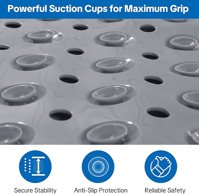 MABOZOO Non Slip Shower Mat, 48 * 31.5 Inch Extra Large Bathtub Mat with with Foot Scrubber, Bathmat with Antislip Suction Cups and Drain Holes for Bathroom Floor, Gray