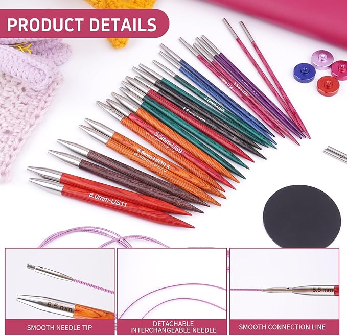 Weabetfu Interchangeable Circular Knitting Needle Set,Birch Wood Interchangeable Knitting Needles with Cable 12 Pairs 3mm-10mm Replacements Round Knitting Needle