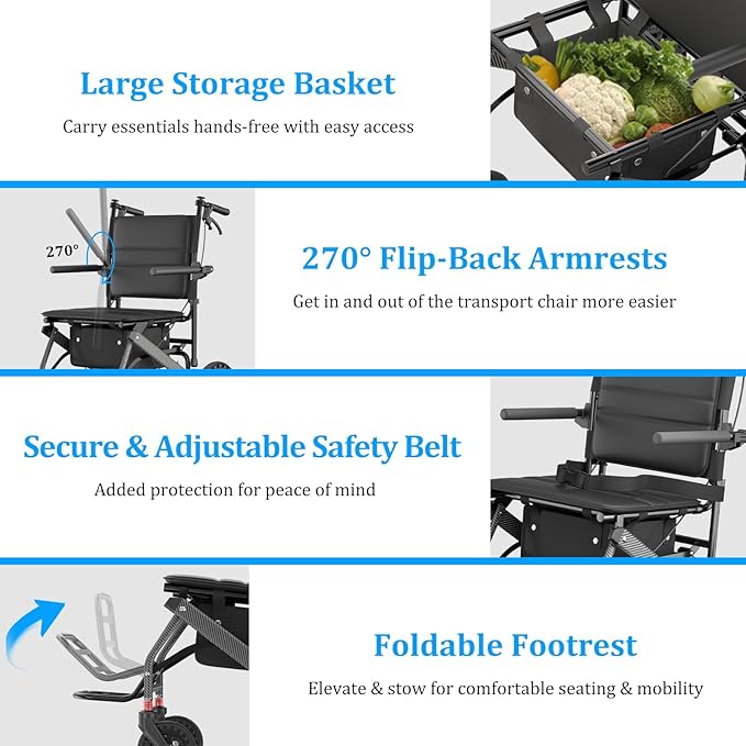 Nihhcune Wheelchair Walker for Seniors, Ultra Foldable Lightweight Rollator Walker with One-Hand Fold No Installation Portable Mobility Walking Aid with Handbrake Seat Belt Storage Bag, 300lb Capacity