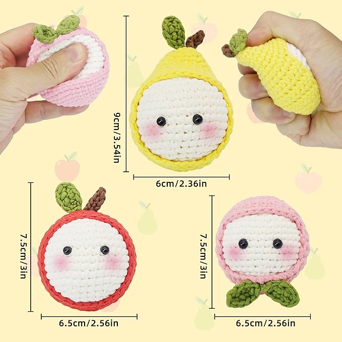 WaldyWop Crochet Kit for Beginners: 3PCS Fruit Squishies Knitting Kits, DIY Craft Kits for Adults w/Video Tutorials & Soft Yarn, Hook - Hobbies Starter Kit for Kids, Birthday Gifts Set for Girls Women