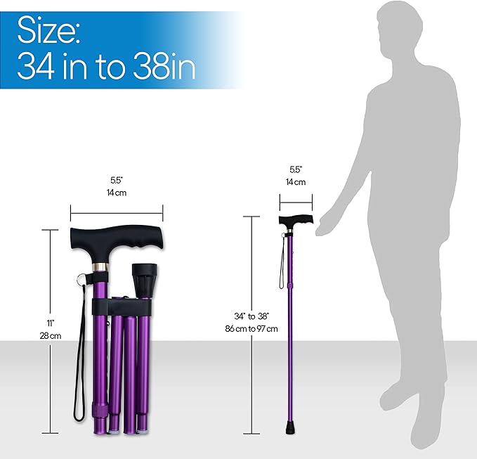 RMS Folding Cane - Foldable Walking Cane with Adjustable Height - Collapsible and Lightweight - Soft Ergonomic Handle for Comfortable Grip - Portable Walking Stick for Mobility Aid