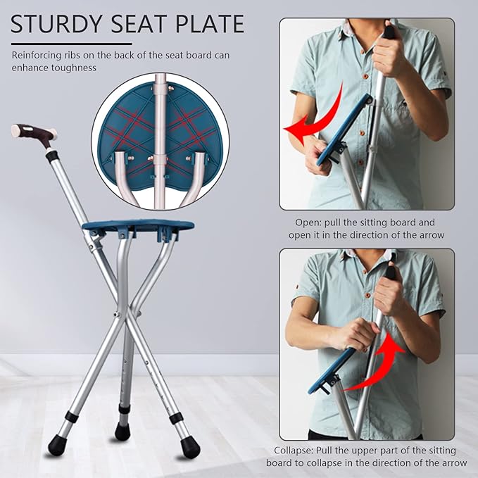 Hold 440 lbs Folding Canes with Seat Walking Stick Height Adjustment Cane Seat Capacity Frosted Handle with Magnetic Therapy Stone Crutches Stool