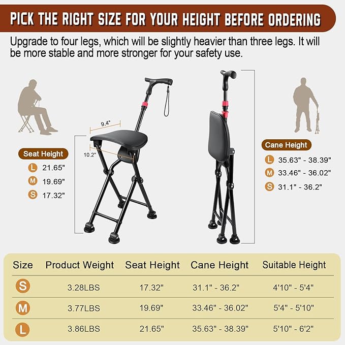 HZZEDNG-Hold 400 lbs Folding Canes with Seat, Allows Durability While Walking and Convenience for Sitting, Aluminum Portable Anti-Slip Cane Seat, Height-Adjustable Walking Cane