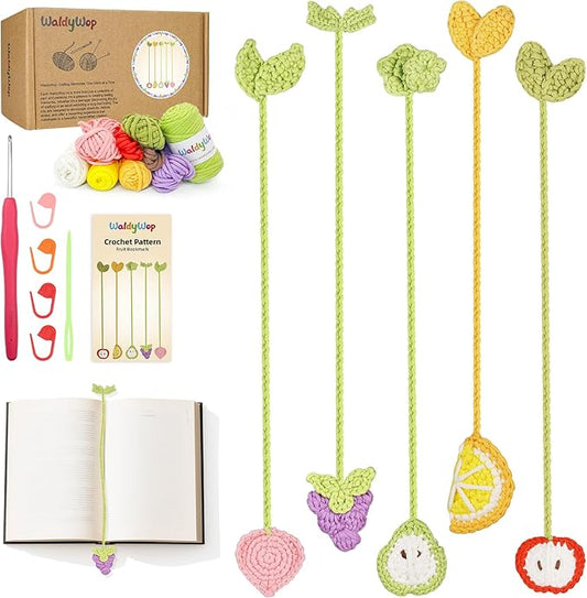 WaldyWop Crochet Kit for Beginners: 5 PCS Fruit Bookmarks Crochet Kits w/ 40% Extra Yarn, Accessories - Easy Video Tutorials & Instructions for Adults Kids 8-12 - DIY Christmas Gift Set for Girl Women