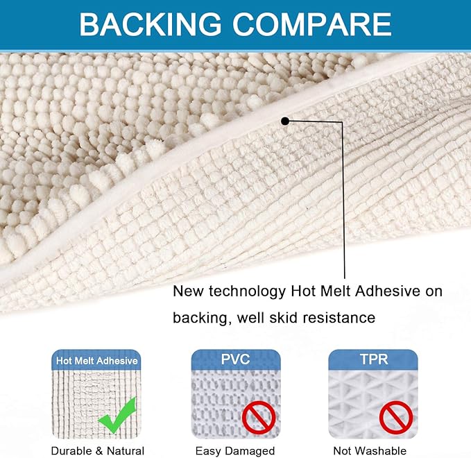 H.VERSAILTEX Bath Rugs for Bathroom Non Slip Bath Mats Extra Thick Chenille Striped Bath Rug Runners 47" x 17" Absorbent Fluffy Soft Shaggy Mats Dry Fast Plush Area Carpet for Bath Room - Ivory